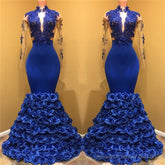Gorgeous Royal Blue Prom Dresses Long Sleevess Evening Gowns with Rose Flowers